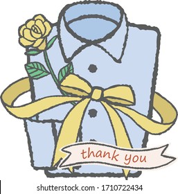 Men's shirt of a present. It's being decorated with a ribbon and a yellow rose.