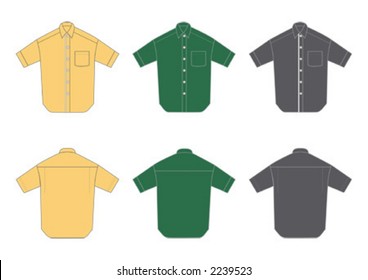 Men's shirt, short sleeve, three different colours, front and back view.