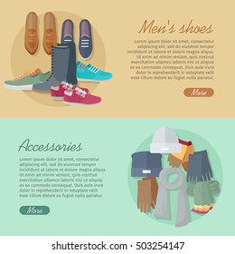 Men's shoes and accessories. Autumn winter new collection. Bags, shoes, hats and scarves. Stylish footwear for man. Boots athletic shoes, casual footwear. Fashionable boatshoes. Vector in flat style