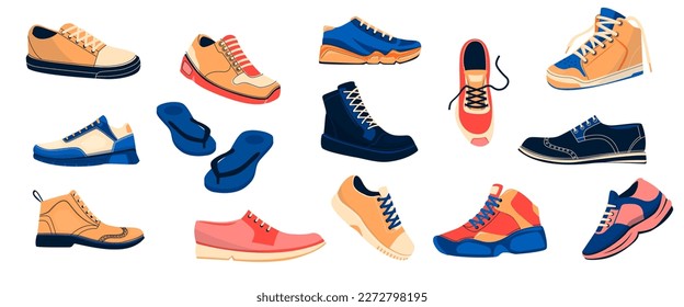 Mens shoes collection. Fashionable male sneakers athletic footgear casual and formal boots cartoon flat, trendy pairs of footwear. Vector isolated set of male fashion footwear sneakers illustration