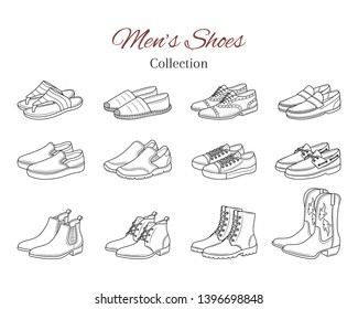 Men's shoes collection  Various types male shoes casual boots  sneakers  formal shoes  vector sketch illustration  isolated white background 