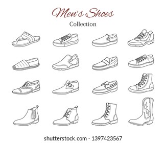 Men's shoes collection. Various types of male shoes casual boots, sneakers, formal shoes, vector sketch illustration, isolated on white background.