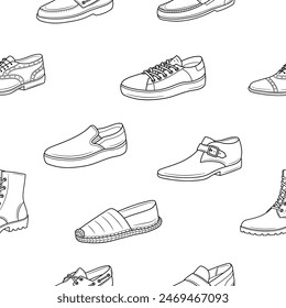 Men's shoes collection. Various types of male shoes casual boots, sneakers, formal shoes, vector line seamless pattern background.