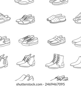 Men's shoes collection. Various types of male shoes casual boots, sneakers, formal shoes, vector line seamless pattern background.