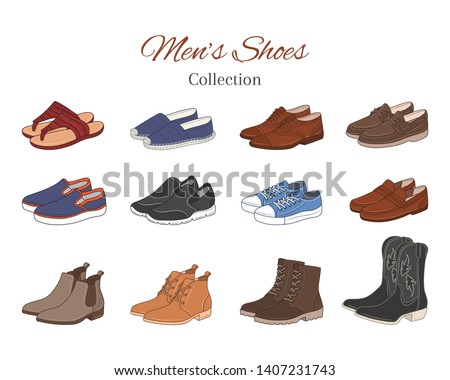 Men's shoes collection. Various types of male shoes casual boots, sneakers, formal shoes, vector sketch illustration, isolated on white background.