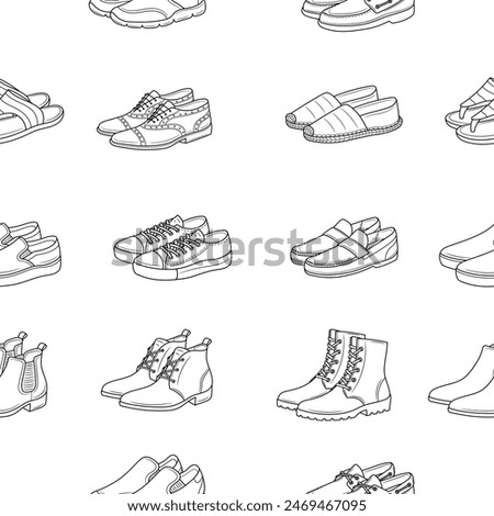 Men's shoes collection. Various types of male shoes casual boots, sneakers, formal shoes, vector line seamless pattern background.