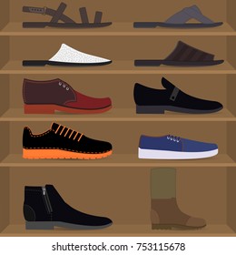 Men's shoes on the shelves. Side view. Set with different types of men  fashion footwear. Collection of autumn, winter, spring and summer men shoes, including slippers, boot, sneakers, sandals.
