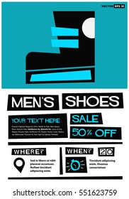Men's Shoes Sale 50% Off (Flat Style Vector Illustration Shopping Poster Design) With Text Box Template and Venue and Time Details