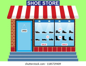 Men's shoes shop, shop window, discounts -10% -30% -50%, banner
