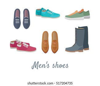 Men's shoes. Stylish footwear for man. Boots athletic shoes, casual footwear. Loafers. Dress boots. Work boots. Chukkas. Duck boots. Gym sneakers. Slippers. Boatshoes. Autumn winter collection. Vector