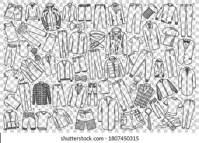 Mens shop doodle set. Collection of hand drawn sketches templates patterns boy guy clothing jackets pants trousers shirts coats on transparent background. Male fashionable casual outfit and shopping.