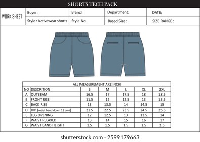 men's short design with size chart for manufacturing 