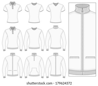 Men's short and long sleeve clothes templates (front view). Vector illustration. No mesh. Redact color very easy. Ribbed collar, cuffs and waistband.