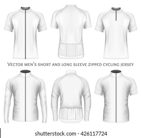 Men's short and long sleeve zipped cycling jersey. Fully editable handmade mesh. Vector illustration.