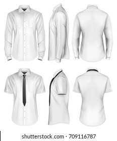 Men's short and long sleeved formal button down shirts front, side and back views. Vector illustration.
