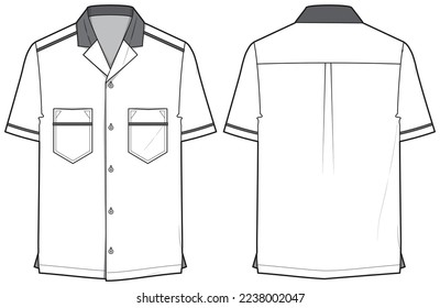 Men's short sleeve Bowling shirt flat sketch illustration with front and back view, Cuban collar mens  hawaiian resort aloha shirt for safari casual wear fashion illustration template mock up