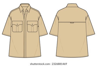 Men's short sleeve Bowling shirt flat sketch illustration with front and back view, Cuban collar mens  hawaiian resort aloha shirt for safari casual wear fashion illustration template mock up