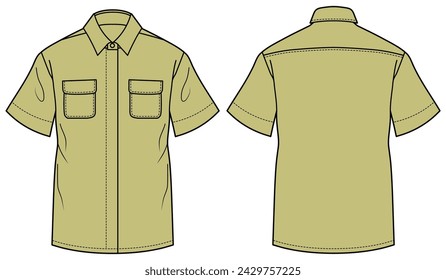 Men's short sleeve camping shirt flat sketch illustration with front and back view, Cuban collar mens  hawaiian resort aloha shirt for safari casual wear fashion illustration template mock up