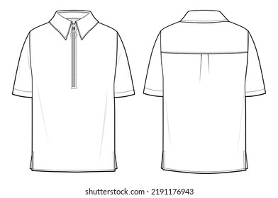 mens short sleeve collar shirt with half zipper front and back view flat sketch vector illustration template. cad mockup.