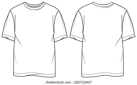 Mens Short Sleeve Crew Neck T Shirt Flat Sketch Vector Illustration Front And Back View Technical Drawing Template. Cad Mockup.
