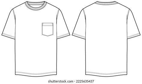 Men's Short sleeve Crew neck T Shirt flat sketch fashion illustration drawing template mock up and front   back view