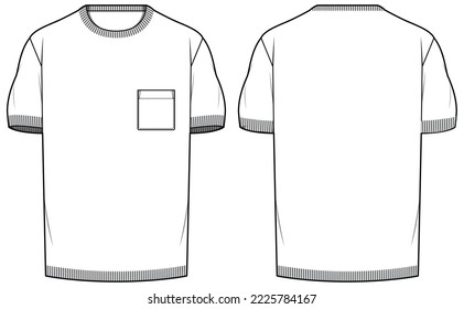 Dibujo plano de la ilustración de dibujo de la camiseta de la tripulación de manga corta de los hombres se burla de la vista frontal y trasera. Camiseta transparente con plantilla vectorial de costillas