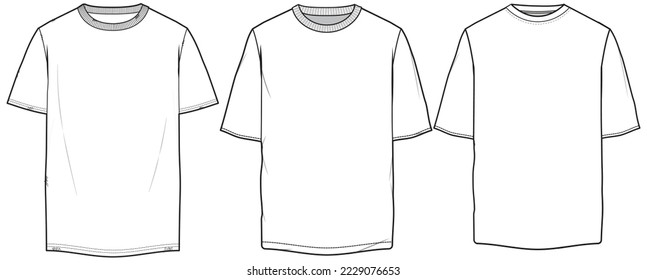 Men's Short sleeve Crew neck T Shirt flat sketch fashion illustration drawing template mock up with front and back view, Oversized baggy round neck t-shirt vector template