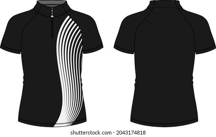 Men's short sleeve cycling jersey with short zip Vector Illustration template front and back view. Easy edit and customizable. Technical sketch mandarin Stand Up Collar Black Color Soccer mock up CAD