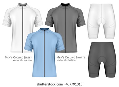 Men's short sleeve cycling jersey and cycling shorts. Fully editable handmade mesh. Vector illustration.