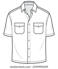 Manga corta para hombre Doble bolsillo Camisa de ajuste relajado Ilustración vectorial de boceto plano Plantilla técnica de dibujo CAD