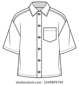 mens short sleeve drop shoulder denim shirt flat sketch vector illustration technical cad drawing template