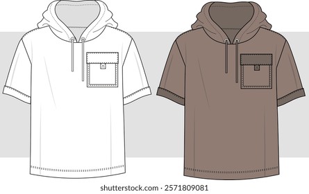 mens short sleeve hoodie flat sketch vector illustration. Hoodie Sweater Fashion Flat Sketch Vector Illustration, CAD, Technical Drawing, Flat Drawing, Template, Mockup.