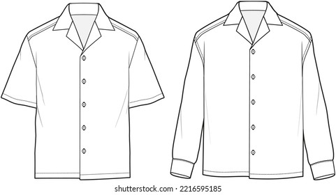 mens short sleeve, long sleeve shirt fashion flat sketch vector illustration