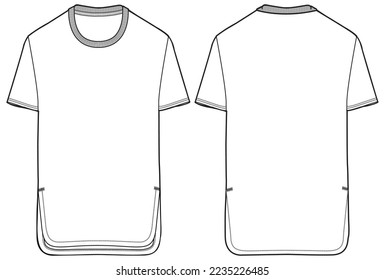 Men's Short sleeve oversize Crew neck T Shirt flat sketch fashion illustration drawing template mock up with front and back view, Oversized long baggy round neck t-shirt vector template