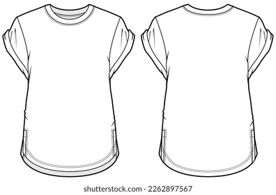 Camiseta de manga corta de los hombres Cuello de gran tamaño Camiseta de la camiseta de la camiseta de la moda dibujo modelo maqueta maqueta maqueta de la mochila hacia arriba y hacia atrás, Camiseta de gran tamaño y plancha vectorial de la manga doblada