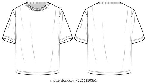 Men's Short sleeve Oversize  Crew neck T Shirt flat sketch fashion illustration drawing template mock up with front and back view, Oversized baggy round neck t-shirt vector template