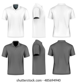 Men's short sleeve polo shirt. Front, back and side views. White and black variants. Vector illustration. Fully editable handmade mesh.