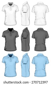 Men's short sleeve polo-shirt. Front, side and back views. Vector illustration.