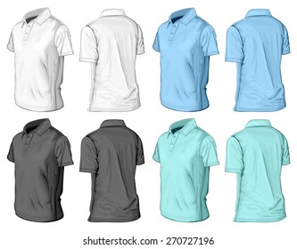 Men's short sleeve polo-shirt. Half-turned front and back views. Vector illustration.