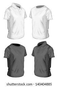 Men's short sleeve polo-shirt and t-shirt design templates (half-turned views). Vector illustration. No mesh, spot colors only