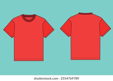 Men's short sleeve red colour round neck vector outline flat sketch.