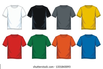 Men's short sleeve round neck t-shirt templates, Front views. Colorful variants. Vector illustration. 