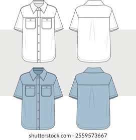 Men's short sleeve shirt flat sketch illustration with front and back view, casual wear fashion illustration template mock up