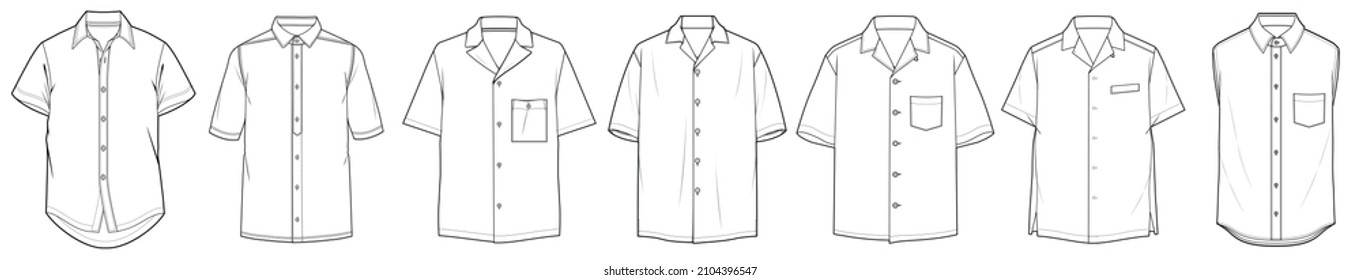 mens short sleeve shirts fashion flat sketch vector illustration - Shutterstock ID 2104396547