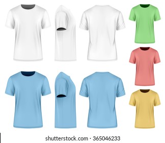 Men's short sleeve t-shirt (front, side and back views). Vector illustration. Fully editable handmade mesh.