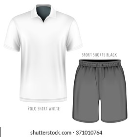 Men's short sleeve white polo shirt and black sport shorts. Vector illustration. Fully editable handmade mesh.