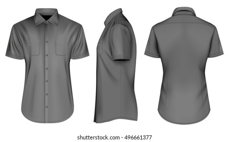 Men's short sleeved formal button down shirts. Front, side and back views. Fully editable handmade mesh, Vector illustration.