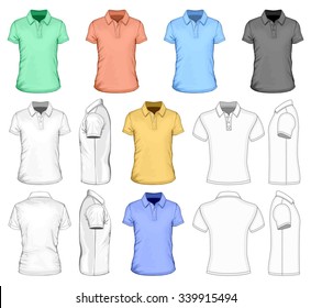 Men's short sleeved polo-shirt. Vector illustration.  Different variants: detailed, simple and color vector  illustrations.