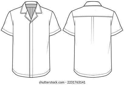 Herren-Kurzärmeln-Shirt-Flach-Sketch-Illustration mit Vorder- und Rückansicht, KubanKragen-Hemd-Zeichnung, Vektorvorlage aufzeichnen