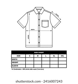 Men's short sleeves military shirt Size Chart. Workshirt black. Short sleeve work shirt. technical drawing fashion flat sketch vector illustration